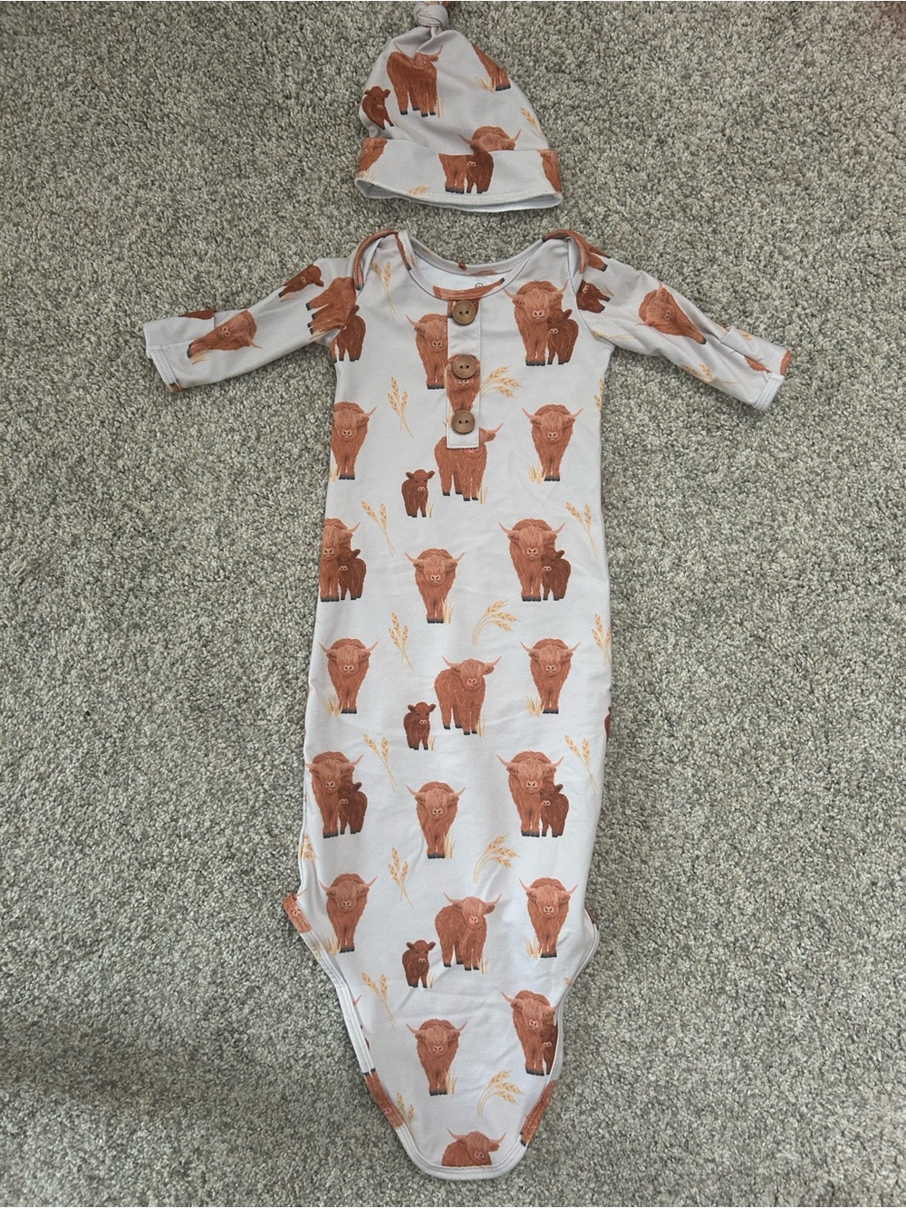 Caden Lane Baby Gown & Hat Set in Rust Cow Print